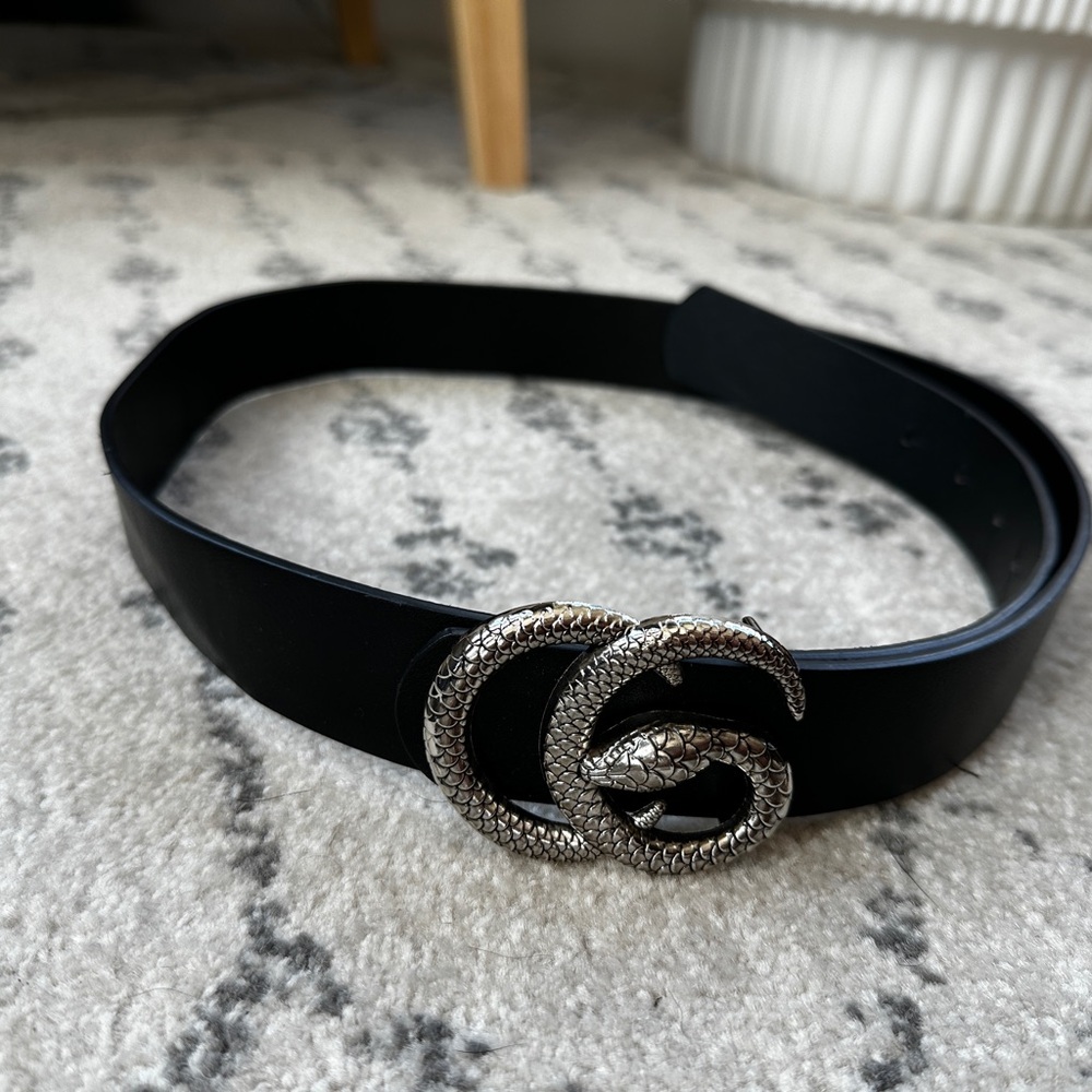 Black Leather Belt with Silver Snake Buckle - Small